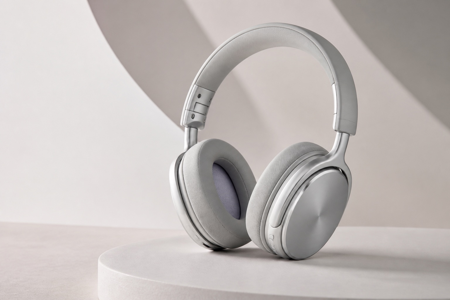 Silver over-ear wireless headphones photographed in a studio